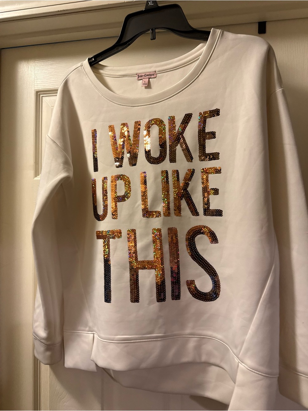 Juicy Couture White Sequin Slogan Sweatshirt - Gold/Bronze Letters